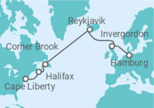 Reiseroute der Kreuzfahrt  Hamburg bis New York - Mein Schiff