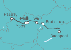 Reiseroute der Kreuzfahrt  Passau • Wien • Budapest • Bratislava • Passau - Nicko Cruises