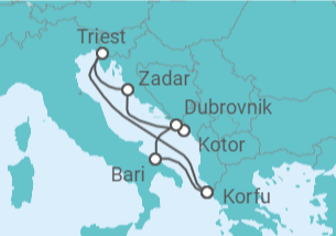Reiseroute der Kreuzfahrt  Adria ab Korfu - AIDA