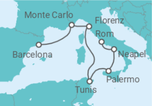 Reiseroute der Kreuzfahrt  Monaco, Italien, Tunesien - Holland America Line