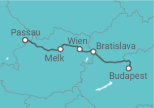 Reiseroute der Kreuzfahrt  Passau • Wien • Budapest • Bratislava • Passau
- Nicko Cruises