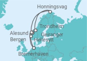 Reiseroute der Kreuzfahrt  11 Nächte - Norwegen mit Nordkap & Geirangerfjord - Mein Schiff
