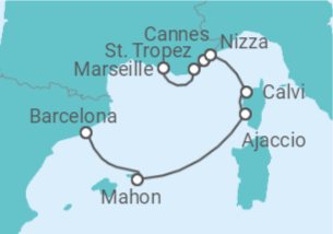 Reiseroute der Kreuzfahrt  Marseille • St. Tropez • Cannes • Nizza • Korsika • Barcelona
- Nicko Cruises