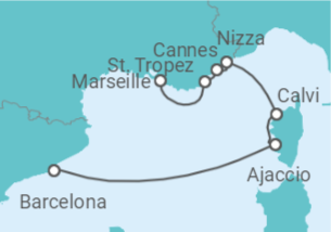 Reiseroute der Kreuzfahrt  Marseille • St. Tropez • Cannes • Nizza • Korsika • Barcelona - Nicko Cruises
