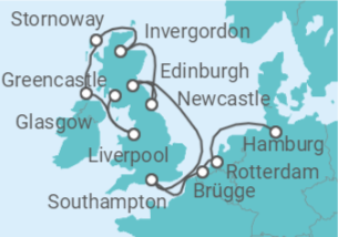 Reiseroute der Kreuzfahrt  An Extended Tapestry of Netherlands, Belgium, Ireland and UK - Explora Journeys