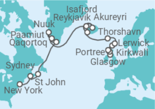 Reiseroute der Kreuzfahrt  An Extended Journey to Scotland, Greenland and the New World - Explora Journeys