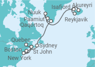 Reiseroute der Kreuzfahrt  An Extended Journey from Iceland & Greenland to High-Latitude America - Explora Journeys