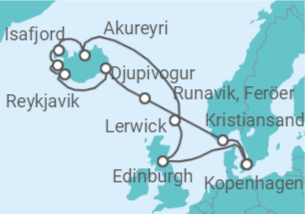 Reiseroute der Kreuzfahrt  Vereinigtes Königreich, Island - Holland America Line