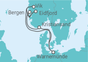 Reiseroute der Kreuzfahrt  Norwegens Fjorde ab Warnemünde - AIDA