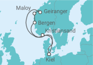 Reiseroute der Kreuzfahrt  Kiel • Bergen • Geiranger • Olden • Stavanger • Kiel - Nicko Cruises