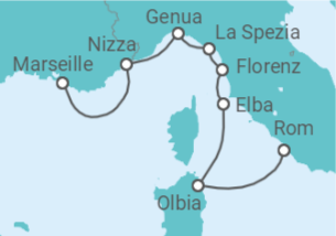Reiseroute der Kreuzfahrt  Rom • Sardinien • Elba • Livorno • La Spezia • Genua • Villefranche • Marseille - Nicko Cruises