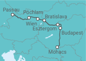 Reiseroute der Kreuzfahrt  Passau • Südungarn • Budapest • Passau - Nicko Cruises