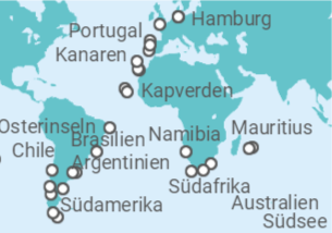 Reiseroute der Kreuzfahrt  Aida Weltreise 2023 - AIDA