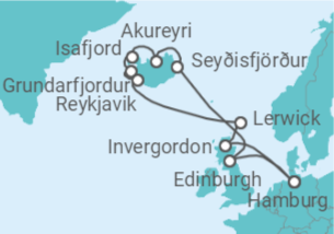 Reiseroute der Kreuzfahrt  Island, Vereinigtes Königreich - Costa Kreuzfahrten