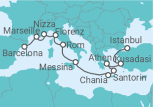 Reiseroute der Kreuzfahrt  Von Barcelona nach Istanbul (Türkei) - Oceania Cruises