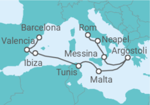 Reiseroute der Kreuzfahrt  Spanien, Tunesien, Malta, Griechenland, Italien - Oceania Cruises