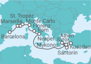 Reiseroute der Kreuzfahrt  Von Barcelona nach Athen (Piräus) - Oceania Cruises
