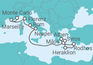 Reiseroute der Kreuzfahrt  Griechenland, Italien, Frankreich - Oceania Cruises