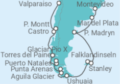 Reiseroute der Kreuzfahrt  Valparaíso • Puerto Montt • Castro • Chilenische Fjordwelt • Puerto Natales • Punta Arenas • Ushuaia - Nicko Cruises