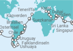 Reiseroute der Kreuzfahrt  Heraklion • Dubai • Singapur • Cairns • Papeete • Valparaíso • Montevideo • Rio • Teneriffa - Nicko Cruises