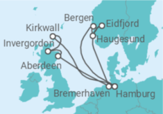 Reiseroute der Kreuzfahrt  Vereinigtes Königreich, Deutschland, Norwegen - AIDA