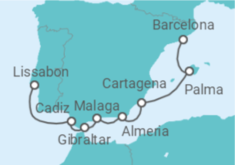 Reiseroute der Kreuzfahrt  Von Barcelona nach Lissabon (Portugal) - WindStar Cruises