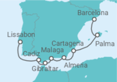 Reiseroute der Kreuzfahrt  Von Lissabon (Portugal) nach Barcelona - WindStar Cruises