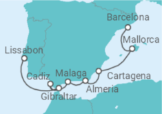 Reiseroute der Kreuzfahrt  Von Lissabon (Portugal) nach Barcelona - WindStar Cruises