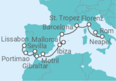 Reiseroute der Kreuzfahrt  Von Lissabon (Portugal) nach Civitavecchia (Rom) - NCL Norwegian Cruise Line