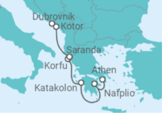 Reiseroute der Kreuzfahrt  Athen • Nafplion • Katakolon • Korfu • Saranda • Kotor •  Dubrovnik + Flüge - Nicko Cruises