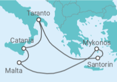 Reiseroute der Kreuzfahrt  Griechenland, Malta, Italien - Costa Kreuzfahrten