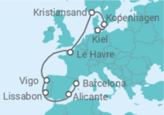 Reiseroute der Kreuzfahrt  Dänemark, Frankreich, Spanien, Portugal - Costa Kreuzfahrten