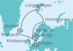 Reiseroute der Kreuzfahrt  17 Nächte - Naturwunder Norwegens und Islands  - ab/bis Kiel - Mein Schiff