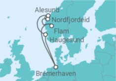 Reiseroute der Kreuzfahrt  7 Nächte - Sommerausklang in Norwegen - ab/bis Bremerhaven - Mein Schiff