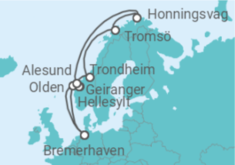 Reiseroute der Kreuzfahrt  12 Nächte - Norwegens Fjordwelten mit Nordkap - ab/bis Bremerhaven - Mein Schiff