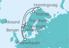 Reiseroute der Kreuzfahrt  12 Nächte - Norwegens Fjordwelten mit Nordkap - ab/bis Bremerhaven - Mein Schiff