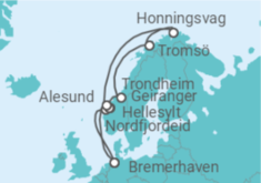 Reiseroute der Kreuzfahrt  12 Nächte - Norwegens Fjordwelten mit Nordkap - ab/bis Bremerhaven - Mein Schiff