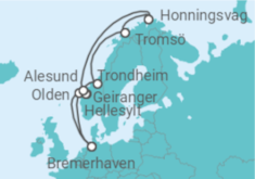 Reiseroute der Kreuzfahrt  12 Nächte - Norwegens Fjordwelten mit Nordkap - ab/bis Bremerhaven - Mein Schiff