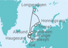 Reiseroute der Kreuzfahrt  14 Nächte - Fjordwelten und Spitzbergen unter der Mitternachtssonne - ab/bis Kiel - Mein Schiff