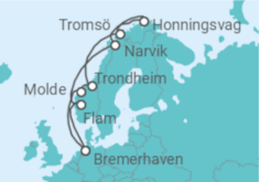 Reiseroute der Kreuzfahrt  12 Nächte - Norwegens Fjordwelten mit Nordkap - ab/bis Bremerhaven - Mein Schiff