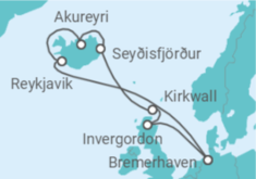 Reiseroute der Kreuzfahrt  12 Nächte - Islands Naturwunder - ab/bis Bremerhaven - Mein Schiff