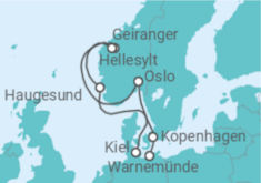 Reiseroute der Kreuzfahrt  8 Nächte - Metropolen der Ostsee und Norwegens Fjordwelten - ab Kiel/bis Warnemünde - Mein Schiff