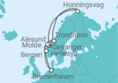 Reiseroute der Kreuzfahrt  12 Nächte - Norwegens Fjordwelten mit Nordkap - ab/bis Bremerhaven - Mein Schiff