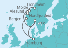 Reiseroute der Kreuzfahrt  11 Nächte - Fjordland Norwegen - ab/bis Hamburg - Mein Schiff