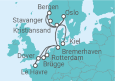 Reiseroute der Kreuzfahrt  14 Nächte - Norwegen und Westeuropa intensiv - ab Kiel/bis Bremerhaven - Mein Schiff