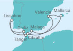 Reiseroute der Kreuzfahrt  10 Nächte - Iberiens Höhepunkte und der Zauber Marokkos - ab/bis Palma - Mein Schiff