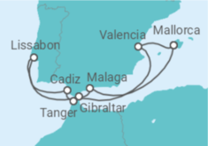 Reiseroute der Kreuzfahrt  10 Nächte - Iberiens Höhepunkte und der Zauber Marokkos - ab/bis Palma - Mein Schiff