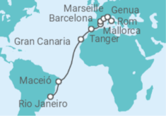 Reiseroute der Kreuzfahrt  Brasilien, Spanien, Frankreich, Italien Alles Inklusive - MSC Cruises