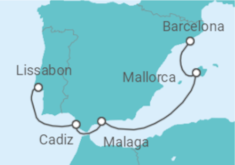 Reiseroute der Kreuzfahrt  A Journey from Lisbon to Barcelona - Explora Journeys