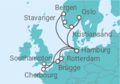Reiseroute der Kreuzfahrt  Niederlande, Belgien, Frankreich, Vereinigtes Königreich, Deutschland, Norwegen - AIDA